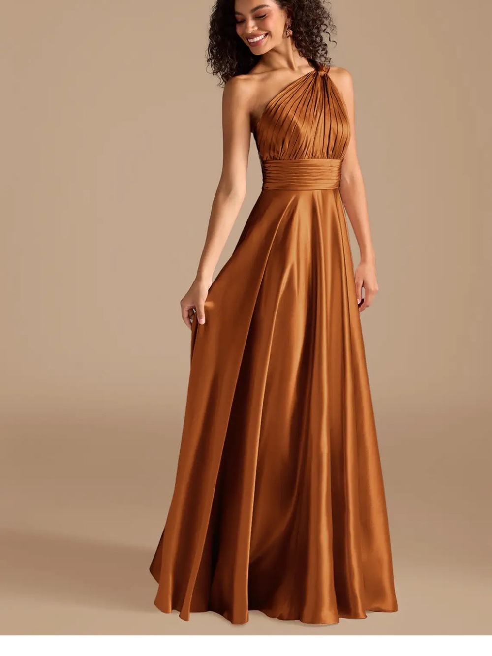 Azazie Charlize bridesmaid One-Shoulder Satin Gown in Copper metallic A18